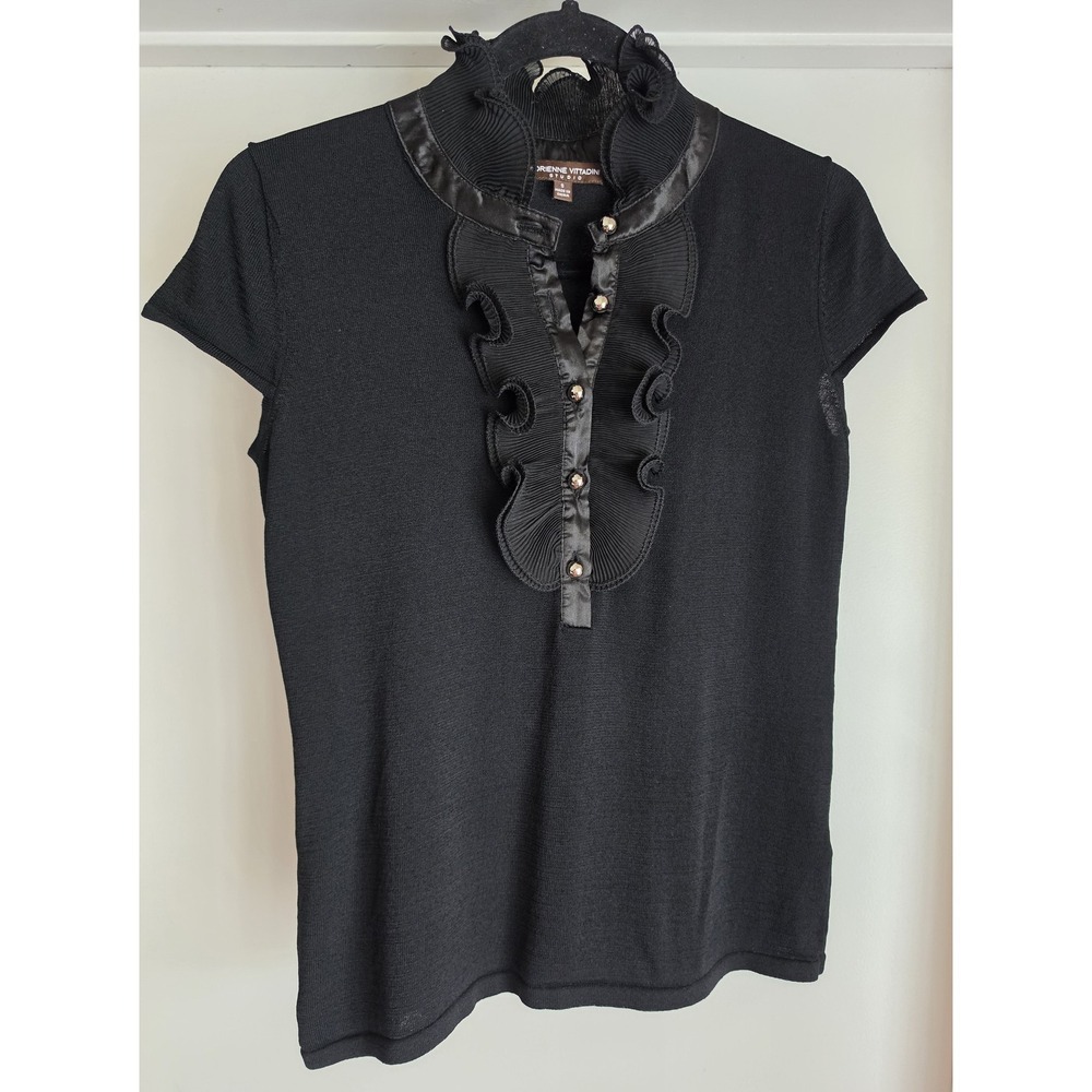 Adrienne Vittadini Studio Women's Black Blouse Size S Short Sleeve Ruffled Neck
